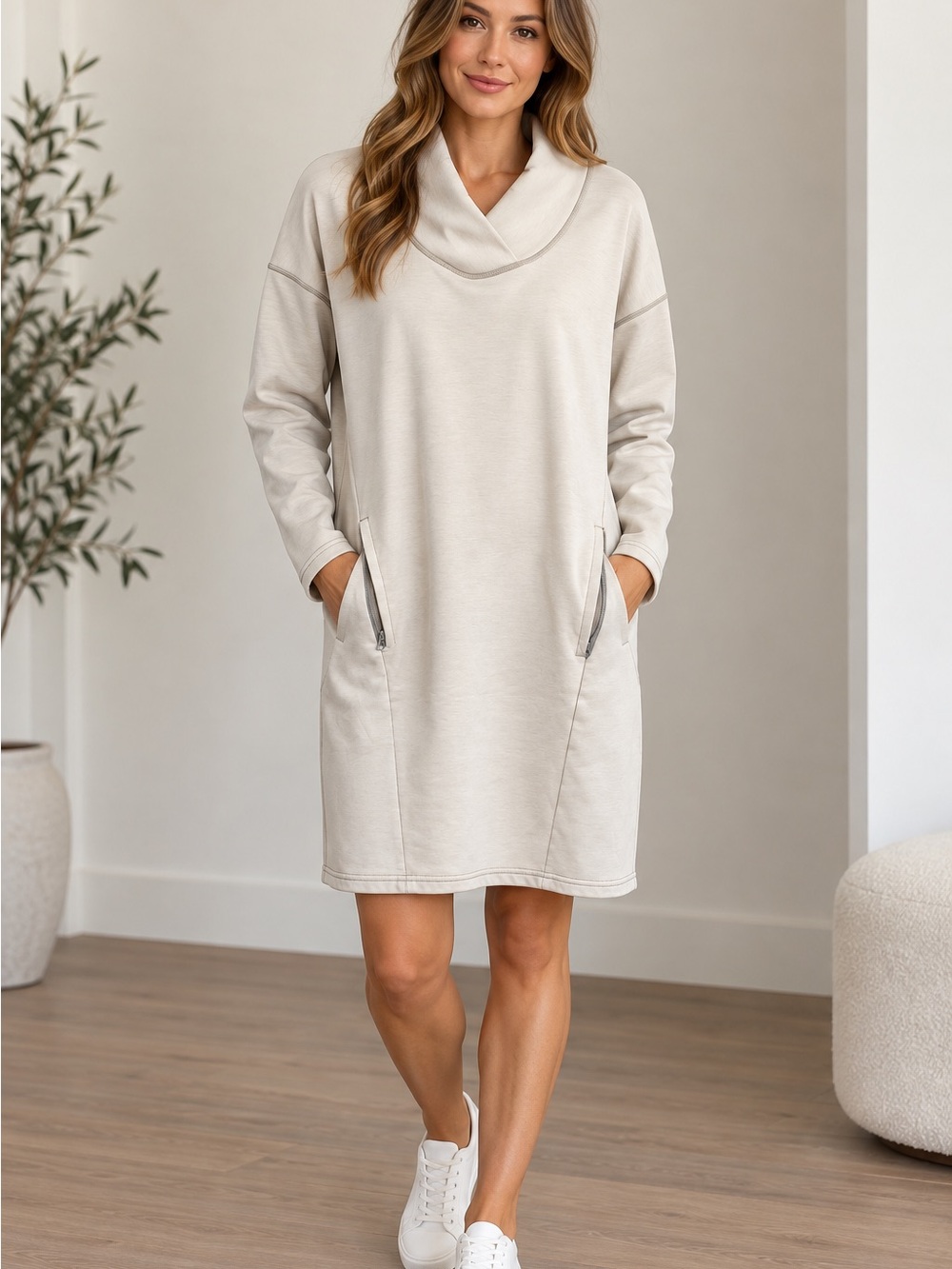 Athleta Size Small Cream Cowl Neck Sweatshirt Dress Zip Pockets Athleisure